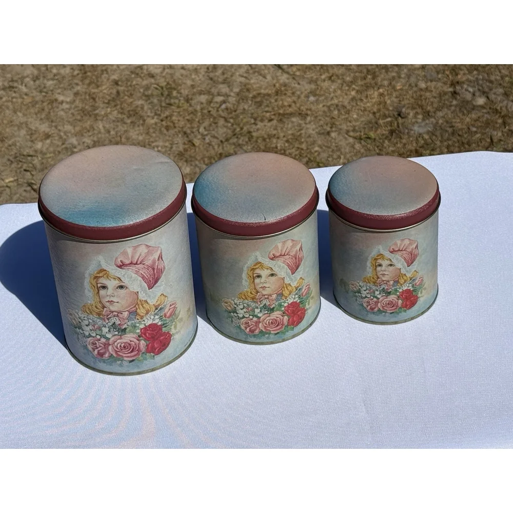Vintage Metal Round 3 Tin Canister Victorian Women Girl Pink Floral Bonnet